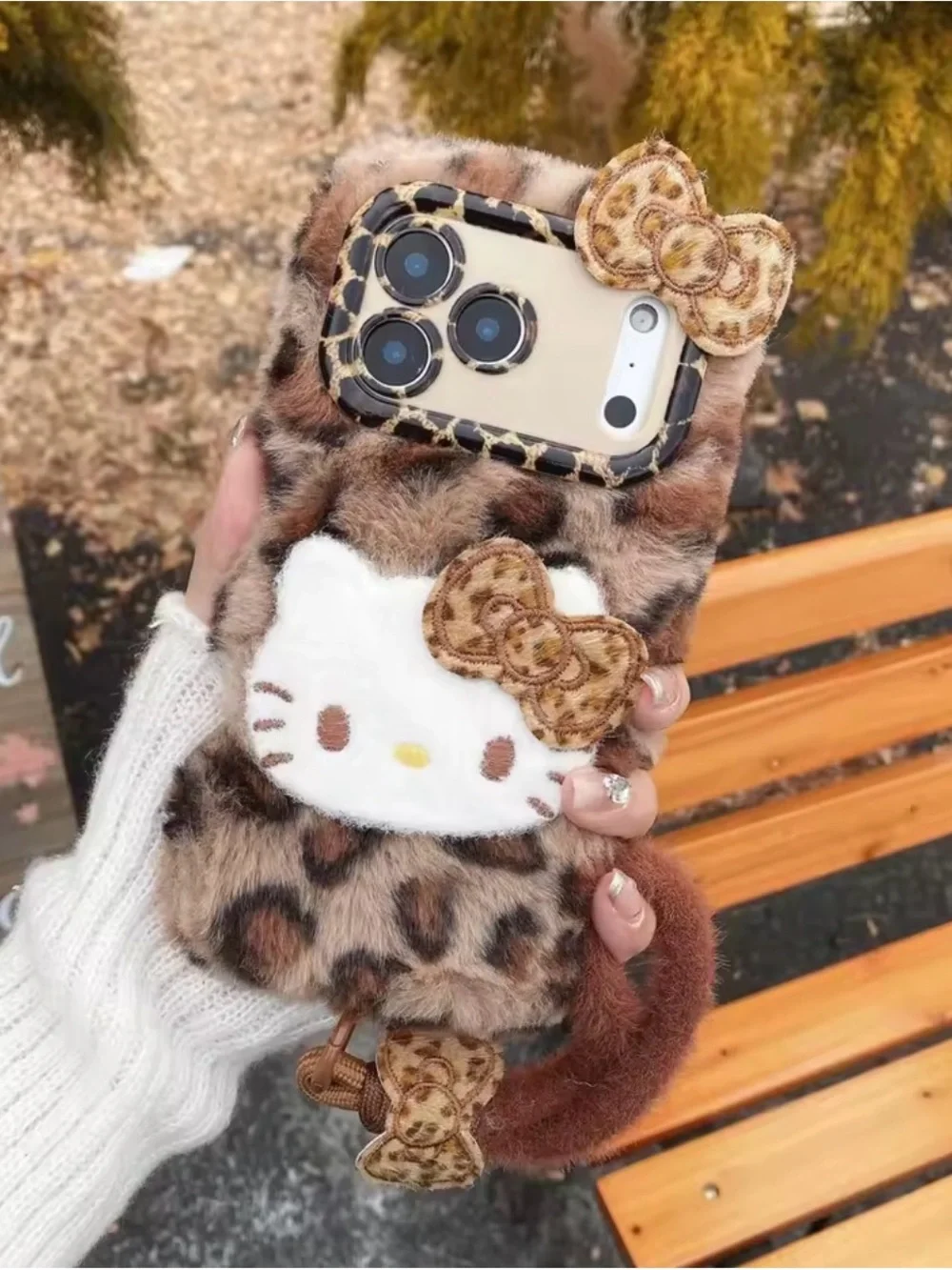 Hello Kitty Leopard Fur Phone Case with Bow Accents - Brown Iphone 17 Pro Max
